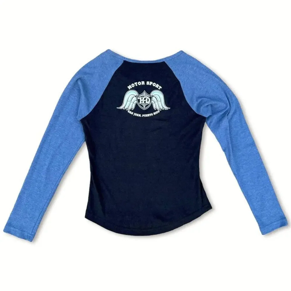 Y2K Harley Davidson Eagle Black & Blue Long Sleeve Top | Size Medium - Picture 2 of 7